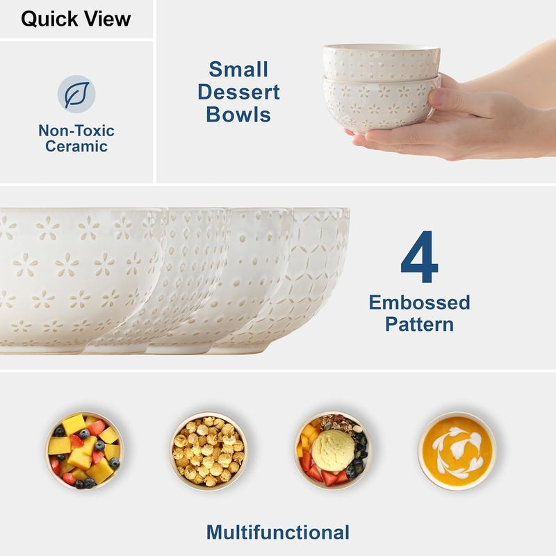 MALACASA Small Bowls 14 Ounce Ice Cream Bowl Stoneware Dessert Bowls Set of 4 with Embossment for Snack Chip Fruits Side Dishes  45 Inch Arctic White Series LYDIA - Image 5