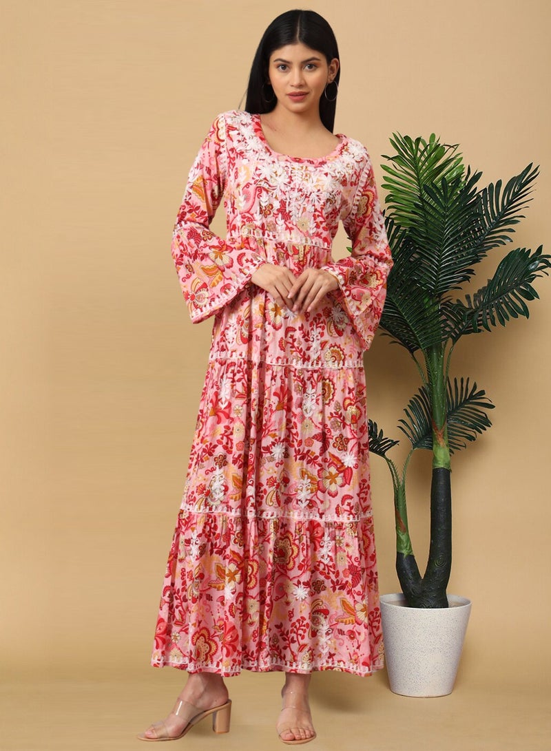 Alaya Hand Embroidered Chikankari A-Line Gathering Pattern Mulmul Cotton Jalabiya-AL3673 - Image 1