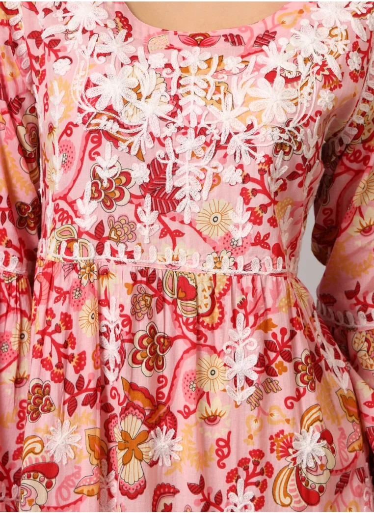 Alaya Hand Embroidered Chikankari A-Line Gathering Pattern Mulmul Cotton Jalabiya-AL3673