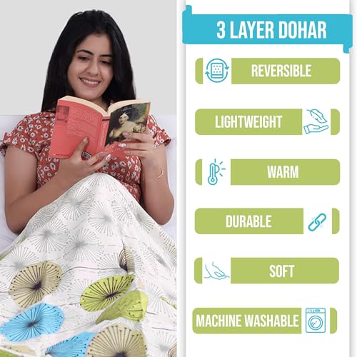 Divine Casa Glace Cotton 120 GSM Reversible Lightweight Printed Single Bed AC Dohar Blanket Quilt - Pink and Turquoise Green| TC - 120 - Image 4