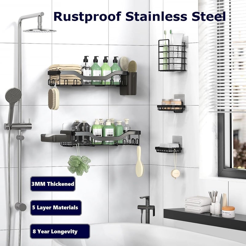 NESOMI Shower Caddy Adhesive Shower Shelves, Bathroom Organizer Shower Organizer Rack Black, Wall Shelf for Inside Shower Storage with Soap Holder and 16 Hooks Rustproof Stainless Steel, 2 Pack Large - Image 5