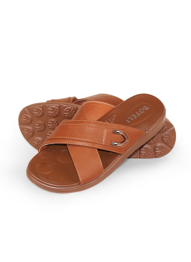 BOTELI High Quality Men 40-45 Big Size Leather Sandals Brown Two Straps Slipper Shoes Pu Sole Breathable Sandals  - Image 1