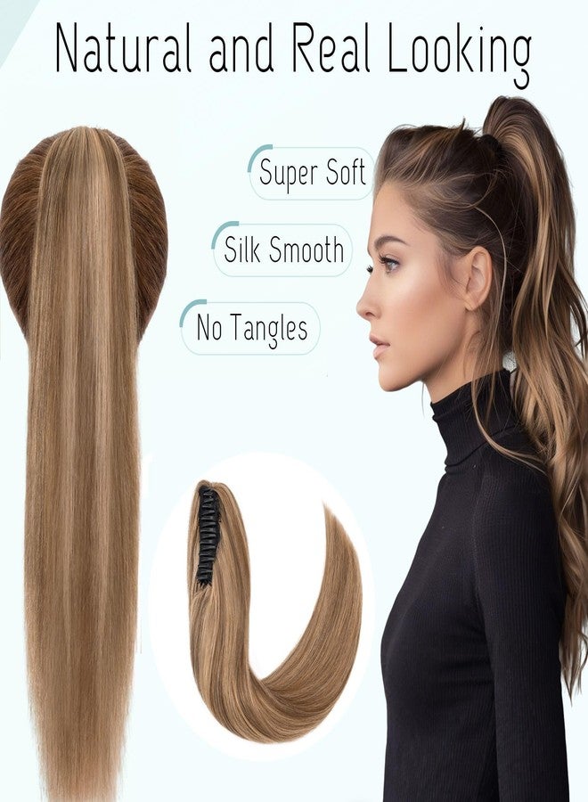 S-noilite Claw Clip Ponytail Extension Human Hair #4P27 Medium Brown Mix Dark Blonde Real Remy Human Hair Ponytail Extension 16inch Long Straight Hair Pony Tails Hair Extensions For Women 105Grams - Image 4