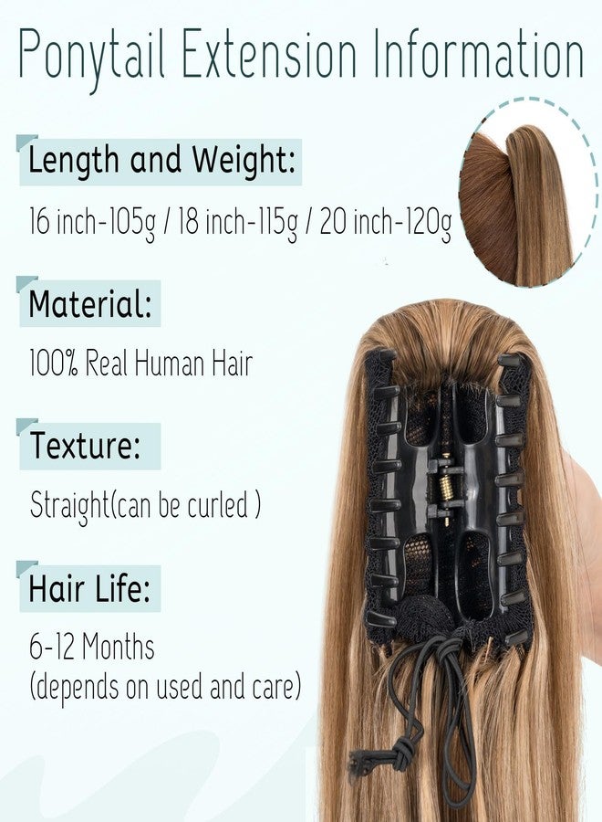 S-noilite Claw Clip Ponytail Extension Human Hair #4P27 Medium Brown Mix Dark Blonde Real Remy Human Hair Ponytail Extension 16inch Long Straight Hair Pony Tails Hair Extensions For Women 105Grams - Image 2