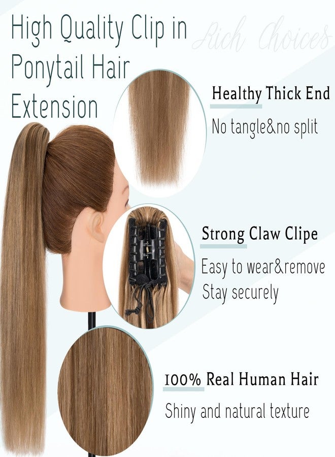 S-noilite Claw Clip Ponytail Extension Human Hair #4P27 Medium Brown Mix Dark Blonde Real Remy Human Hair Ponytail Extension 16inch Long Straight Hair Pony Tails Hair Extensions For Women 105Grams - Image 3