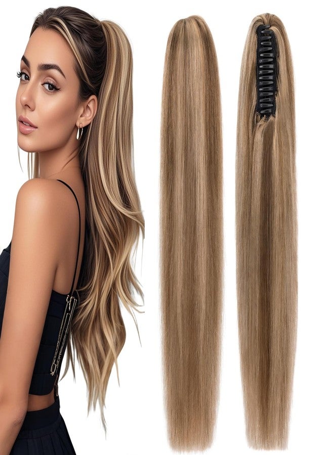 S-noilite Claw Clip Ponytail Extension Human Hair #4P27 Medium Brown Mix Dark Blonde Real Remy Human Hair Ponytail Extension 16inch Long Straight Hair Pony Tails Hair Extensions For Women 105Grams - Image 1