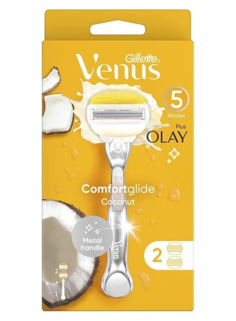 Gillette Venus and Olay Plus Comfortglide Coconut Women's Razor with Metal Handle - 5 Blades, 2 Razor - Image 1