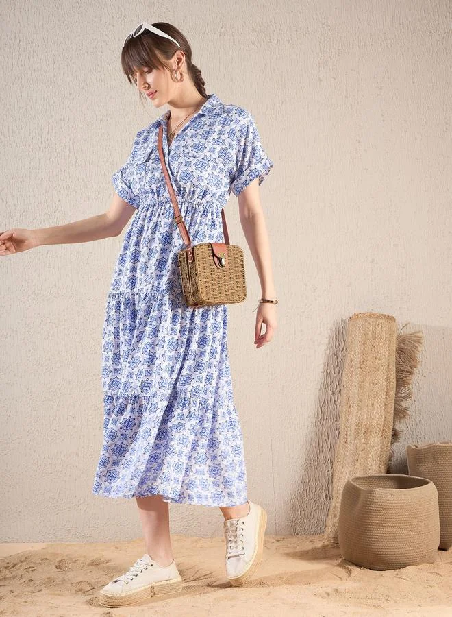 ساسافراس فستان ميدي بطبعة زهور وكسرات