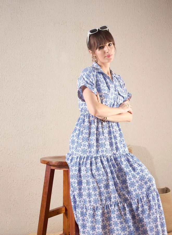 ساسافراس فستان ميدي بطبعة زهور وكسرات