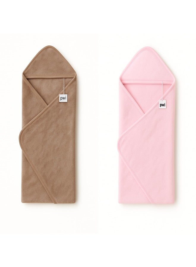 PWI Ultra Soft Baby Wrapper for 0-6 Months | Hooded Blanket | Lightweight & Breathable | Super Cozy Cloudy Fabric | 30x30 Inch (Brown-Pink) Pack of 2 - Image 1