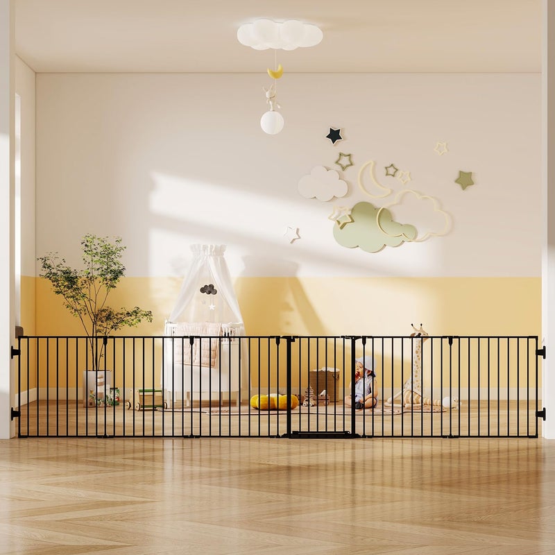 Cideny 144" Extra Wide Baby Gate with Door, Configurable 6 Panels Baby Fence, Fireplace Gate with Anti-Trip Pedal, Family Essentials Safety Gate for Child Dogs Pets, 28'' Tall Black - Image 1