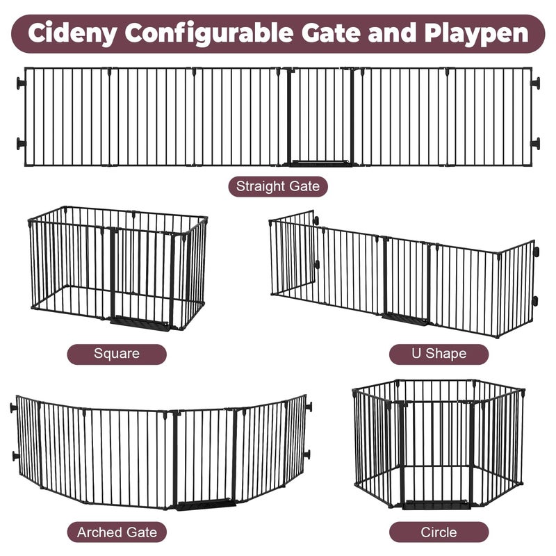Cideny 144" Extra Wide Baby Gate with Door, Configurable 6 Panels Baby Fence, Fireplace Gate with Anti-Trip Pedal, Family Essentials Safety Gate for Child Dogs Pets, 28'' Tall Black - Image 2