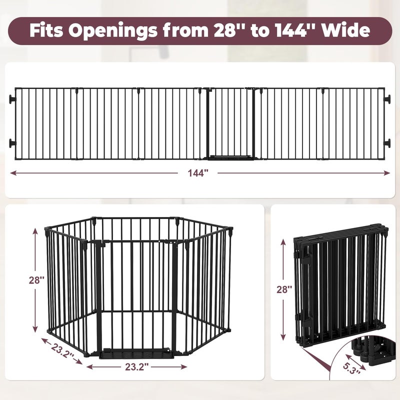 Cideny 144" Extra Wide Baby Gate with Door, Configurable 6 Panels Baby Fence, Fireplace Gate with Anti-Trip Pedal, Family Essentials Safety Gate for Child Dogs Pets, 28'' Tall Black - Image 3
