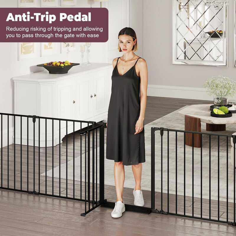 Cideny 144" Extra Wide Baby Gate with Door, Configurable 6 Panels Baby Fence, Fireplace Gate with Anti-Trip Pedal, Family Essentials Safety Gate for Child Dogs Pets, 28'' Tall Black - Image 4