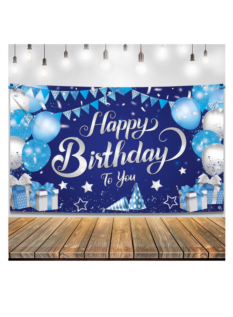KASTWAVE Happy Birthday Banner, 72x44 Inch Happy Birthday Backdrop for Boys, Blue and Silver Birthday Banner for Men Women, Birthday Party Decorations Party Supplies - Image 1