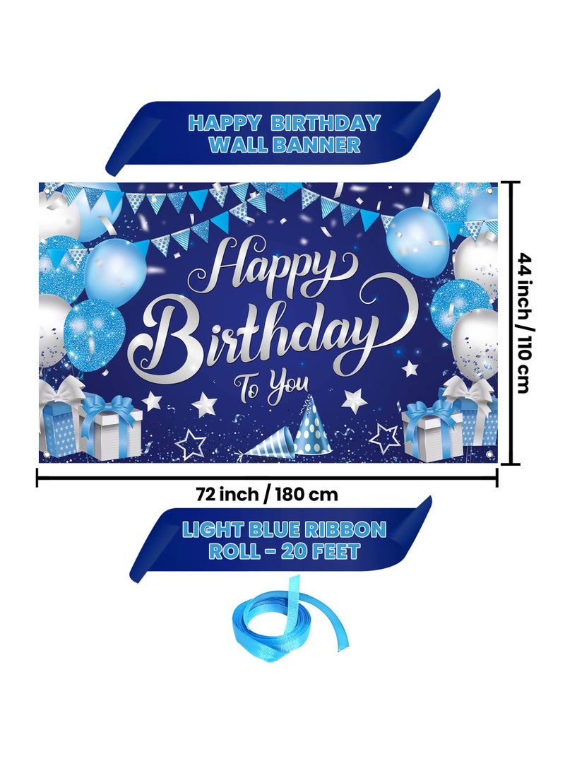 KASTWAVE Happy Birthday Banner, 72x44 Inch Happy Birthday Backdrop for Boys, Blue and Silver Birthday Banner for Men Women, Birthday Party Decorations Party Supplies - Image 2