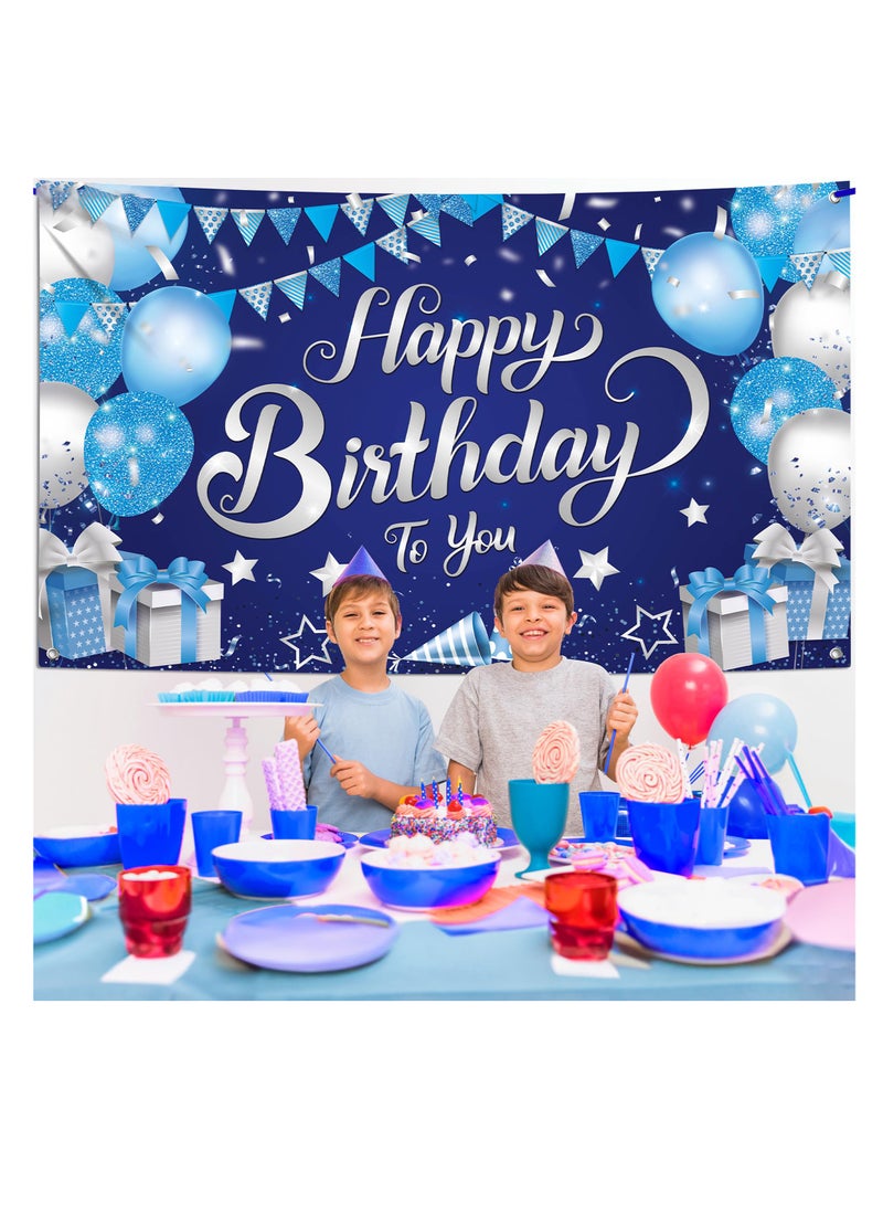 KASTWAVE Happy Birthday Banner, 72x44 Inch Happy Birthday Backdrop for Boys, Blue and Silver Birthday Banner for Men Women, Birthday Party Decorations Party Supplies - Image 4