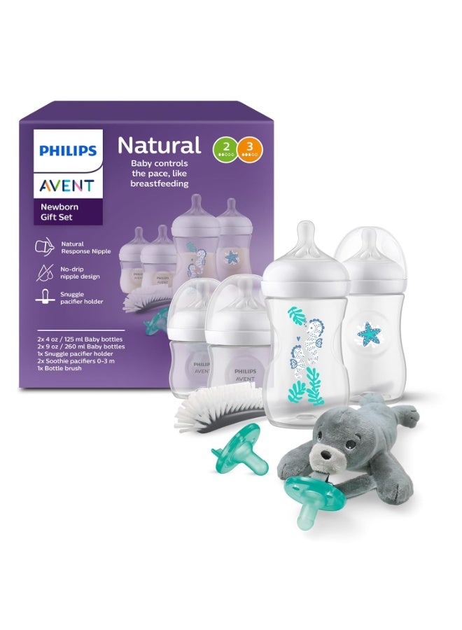 Philips Philips Avent Natural Baby Gift Set, Bottles with Natural Response Nipples, 2X 4oz (Slow Flow, Flow 2) & 2X 9oz (Medium Flow, Flow 3), with Seahorse & Starfish Design, 2X Soothie Pacifiers, SCD838/06 - Image 1