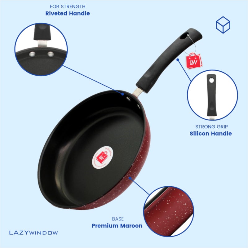 LAZYwindow Nonstick Fry Pan, 22 cm Diameter, 1L Capacity, Heat-Resistant Handle | Base Color Red | Versatile and - Image 3