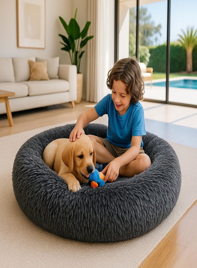 SHINY-V Calming Dog Bed - Fluffy Donut Cuddler for Anxiety Relief, Orthopedic Pet Bed with Non-Slip Bottom, Cozy Round Faux Fur Nest for Dogs and Cats, Plush Crate Mat for Comfort (Dark Grey, Medium) - Image 2