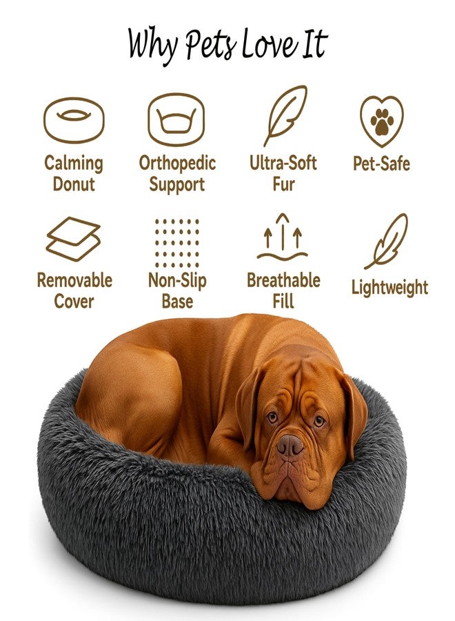 SHINY-V Calming Dog Bed - Fluffy Donut Cuddler for Anxiety Relief, Orthopedic Pet Bed with Non-Slip Bottom, Cozy Round Faux Fur Nest for Dogs and Cats, Plush Crate Mat for Comfort (Dark Grey, Medium) - Image 3