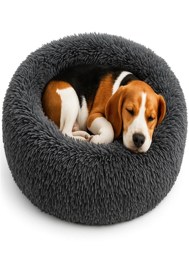 SHINY-V Calming Dog Bed - Fluffy Donut Cuddler for Anxiety Relief, Orthopedic Pet Bed with Non-Slip Bottom, Cozy Round Faux Fur Nest for Dogs and Cats, Plush Crate Mat for Comfort (Dark Grey, Medium) - Image 1