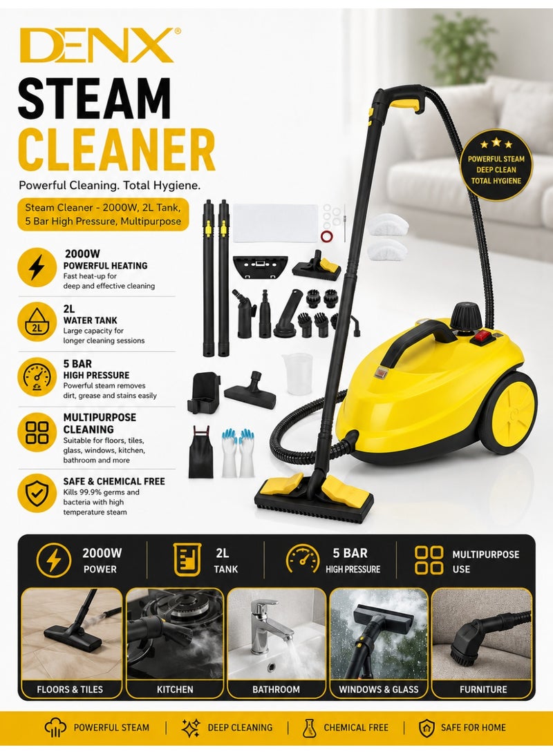 Denx Steam Cleaner 2000W Handheld Pressurized Steam Cleaning Machine, 2L Tank, 5 Bar High Pressure, Multi-Purpose Steam Cleaner with Accessories, Safety Lock for Floor, Tile, Kitchen, Bathroom & Car - Image 1