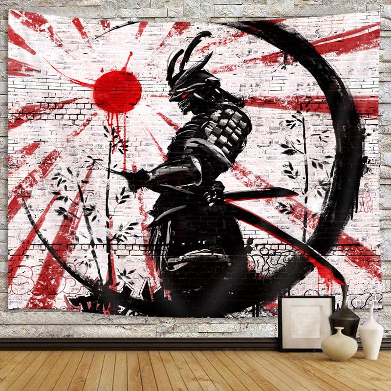 iTapnoom Japanese Samurai Art Decor Tapestry Wall Hanging for Bedroom Cool Anime Red and Black Sun Moon Poster Wall Art Tapestries for Men Asian Japan Male Blanket College Decorations 60X51