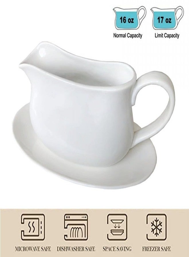 Qlans 17oz Gravy Boat with Saucer Stand, Set of 1, Ceramic Sauce Boat with Tray for Salad Dressings,ketchup， Creamer, Broth, Black Pepper, White - Image 2