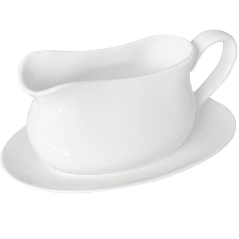 Qlans 17oz Gravy Boat with Saucer Stand, Set of 1, Ceramic Sauce Boat with Tray for Salad Dressings,ketchup， Creamer, Broth, Black Pepper, White - Image 1