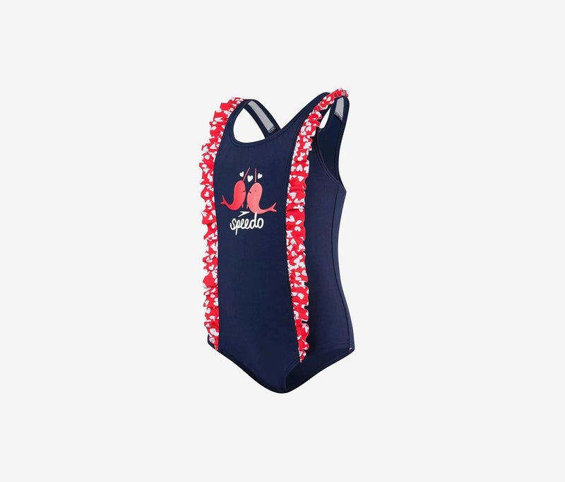 speedo Toddler Girls Double Frill Swimsuit, Navy and Red and White 