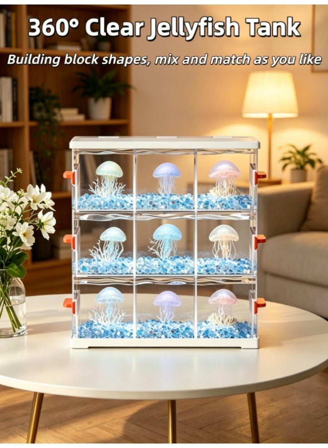 CityRiya-Long Stackable 360° Transparent Jellyfish Aquarium, 9-Grid Modular Breeding Tank, PC Material Impact-Resistant Fish Tank, DIY Building Block Design for Betta Fish, Small Aquatic Pets , Home & Office Decoration (KT-SSDY3) - Image 1