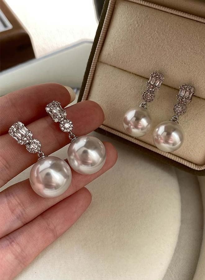 Pearl Earrings, 925 Sterling Silver Set With Cubic Zirconia, White - Image 1