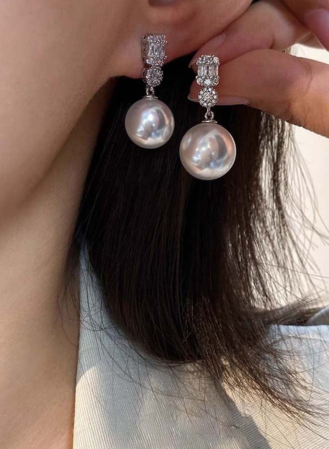 Pearl Earrings, 925 Sterling Silver Set With Cubic Zirconia, White - Image 3