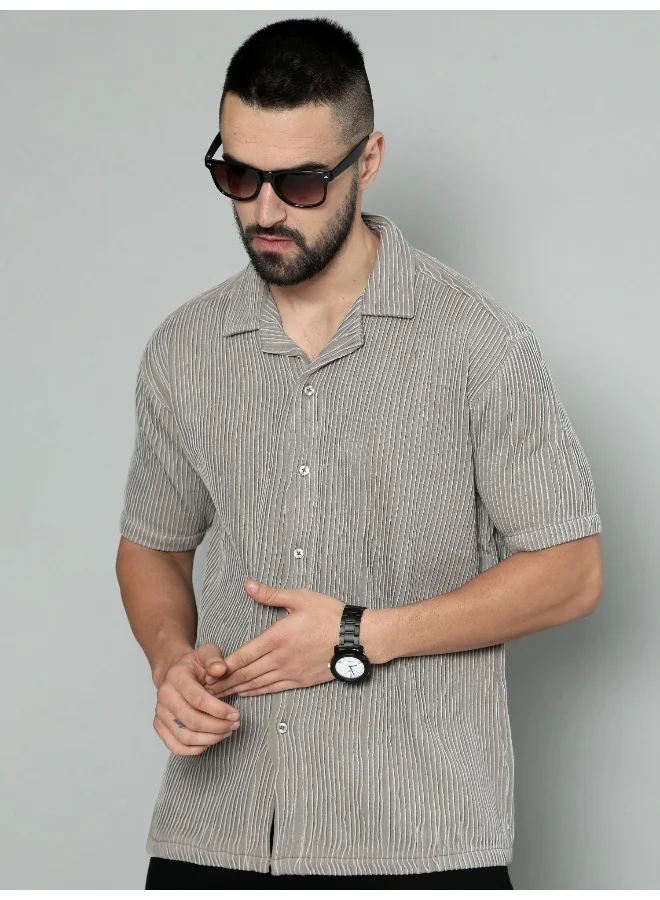 Maniac Maniac Mens Crochet Solid Collared Neck Full Sleeve Grey Cotton Shirt