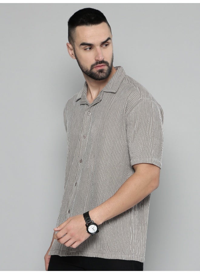 Maniac Mens Crochet Solid Collared Neck Full Sleeve Grey Cotton Shirt - Image 2