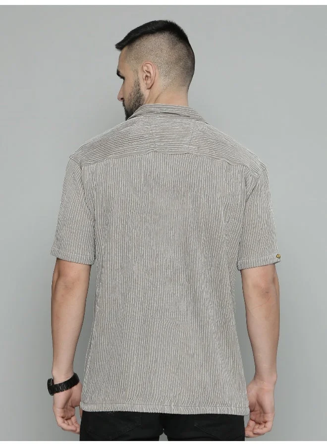 Maniac  Maniac Mens Crochet Solid Collared Neck Full Sleeve Grey Cotton Shirt for Men | Best Price UAE