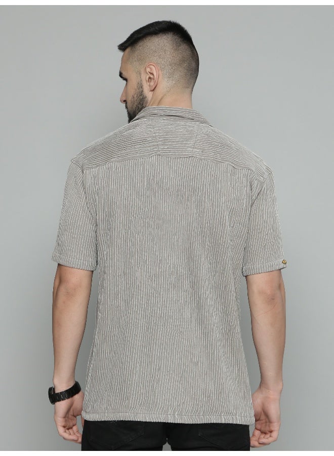 Maniac Mens Crochet Solid Collared Neck Full Sleeve Grey Cotton Shirt - Image 4