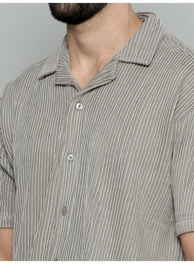 Maniac  Maniac Mens Crochet Solid Collared Neck Full Sleeve Grey Cotton Shirt for Men | Best Price UAE