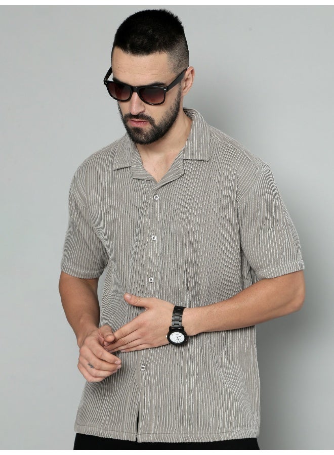 Maniac Mens Crochet Solid Collared Neck Full Sleeve Grey Cotton Shirt - Image 3