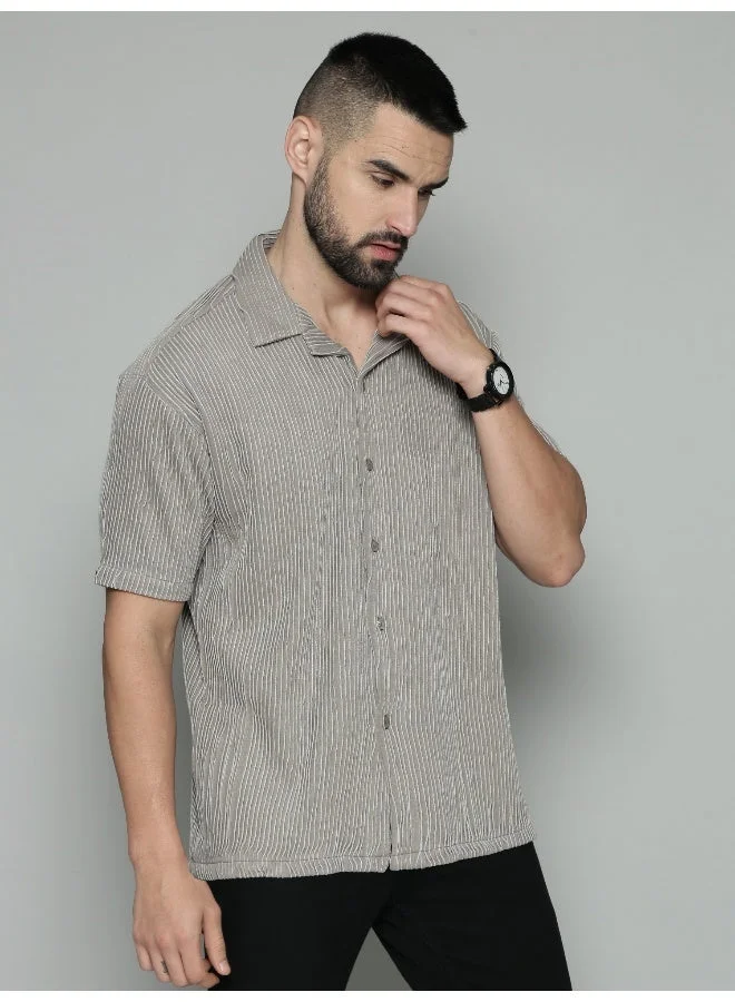 Maniac Maniac Mens Crochet Solid Collared Neck Full Sleeve Grey Cotton Shirt