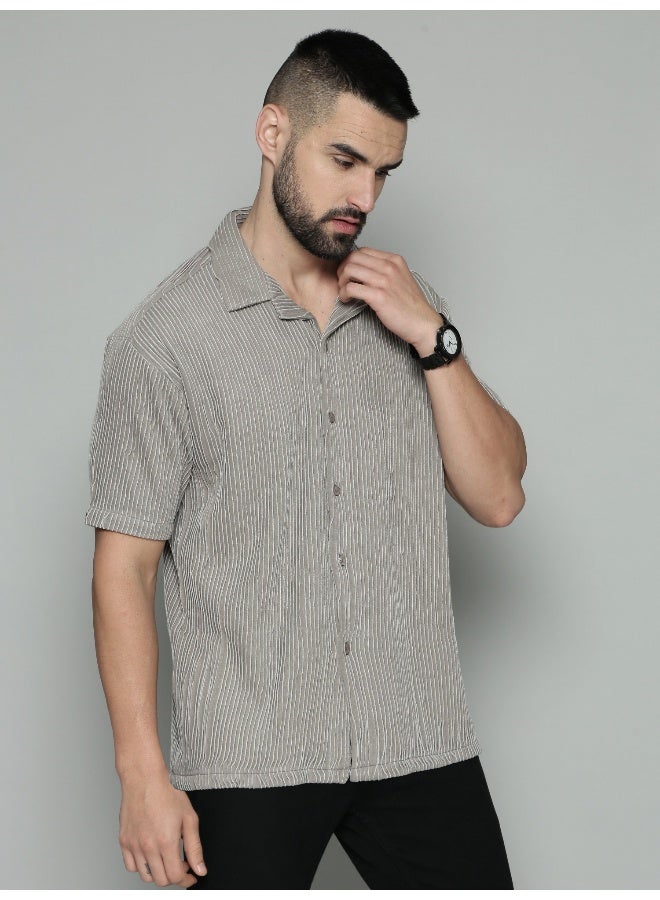 Maniac Mens Crochet Solid Collared Neck Full Sleeve Grey Cotton Shirt - Image 1