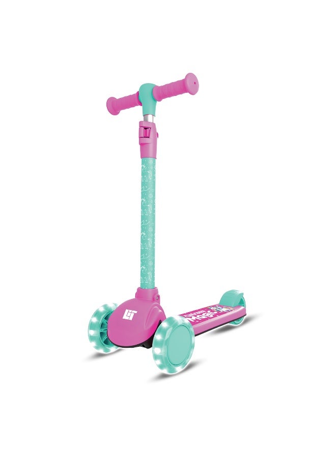 LiT Unicorn 3 Wheel Scooter for Kids with LED Light Up Wheels Lean to Steer Adjustable Handlebar Wide Deck Stable Preschool Scooter Outdoor Ride On Toy for Girls Age 3+ | Pink - Image 1
