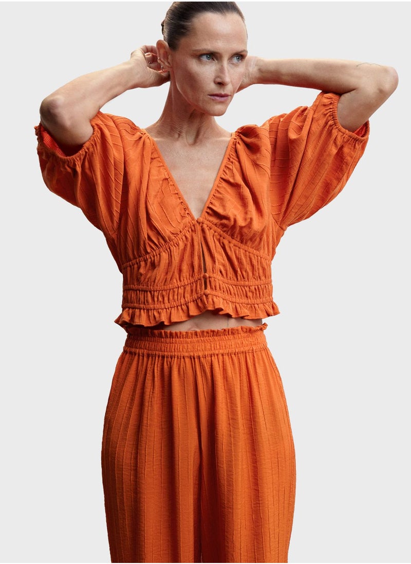 MANGO - Ruched Waist Plunge Neck Top - Image 1