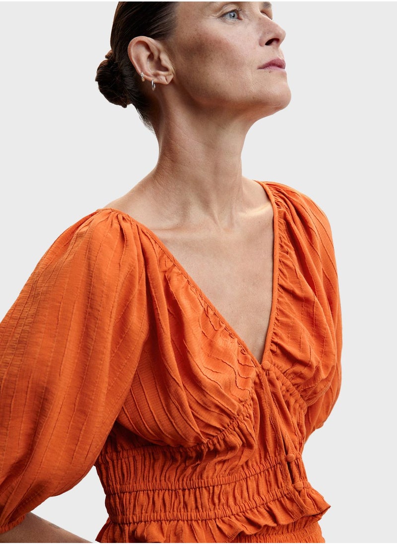 MANGO - Ruched Waist Plunge Neck Top - Image 1