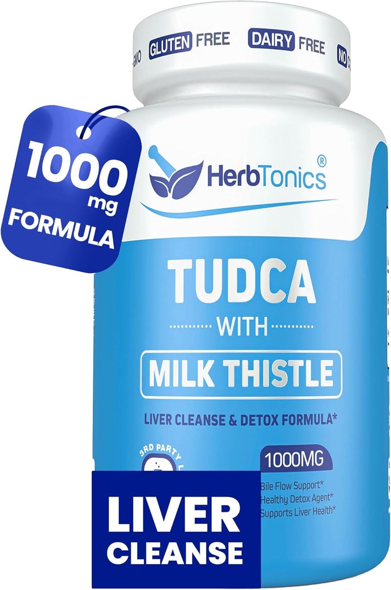 Herbtonics هيربتونيكس TUDCA 1000 ملغ لتنظيف الكبد دعم المرارة حليب الشوك Pterostilbene معزز لملح الصفراء لتنظيف الكبد تدفق الصفراء الصحي وصحة الجهاز الهضمي 60 كبسولة نباتية - Image 1
