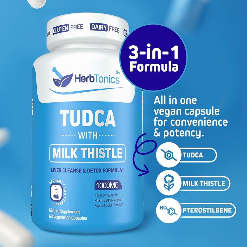 Herbtonics هيربتونيكس TUDCA 1000 ملغ لتنظيف الكبد دعم المرارة حليب الشوك Pterostilbene معزز لملح الصفراء لتنظيف الكبد تدفق الصفراء الصحي وصحة الجهاز الهضمي 60 كبسولة نباتية - Image 2