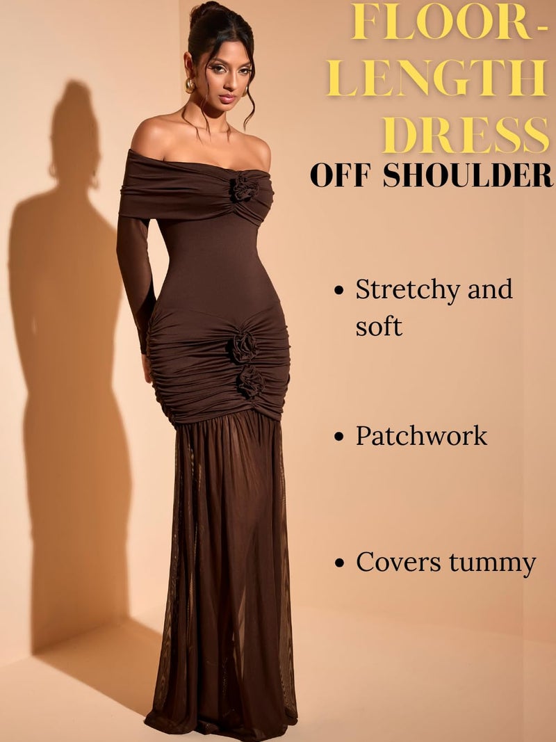 ShawGobow Off The Shoulder Maxi Dress,3D Flower Mermaid Ruched Dresses for Women,Elegant Formal Cocktail Holiday Gowns Coffee Brown Small - Image 3