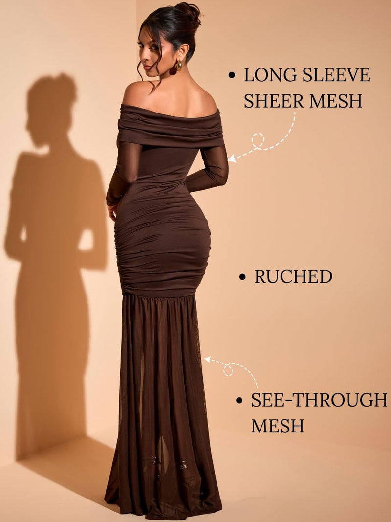 ShawGobow Off The Shoulder Maxi Dress,3D Flower Mermaid Ruched Dresses for Women,Elegant Formal Cocktail Holiday Gowns Coffee Brown Small - Image 4