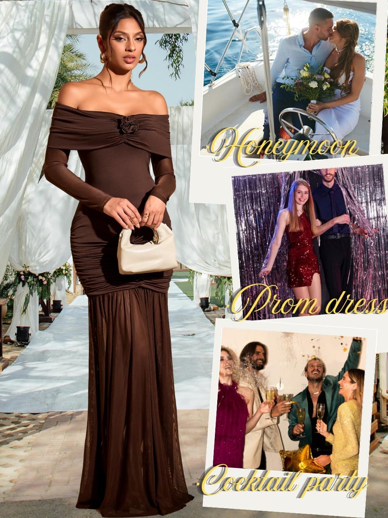 ShawGobow Off The Shoulder Maxi Dress,3D Flower Mermaid Ruched Dresses for Women,Elegant Formal Cocktail Holiday Gowns Coffee Brown Small - Image 2